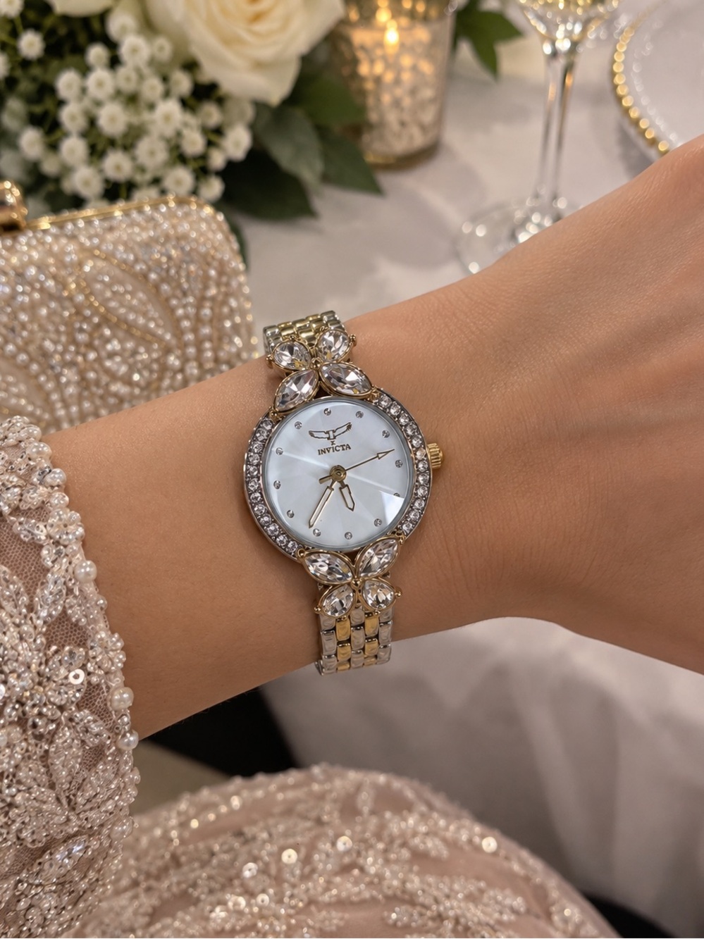 Invicta Two-Tone Silver and Gold Crystal Butterfly Bracelet Watch (69097)